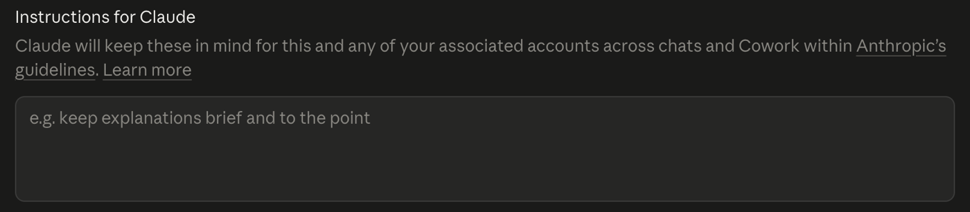 Claude: Settings, Account, the field Instructions for Claude.