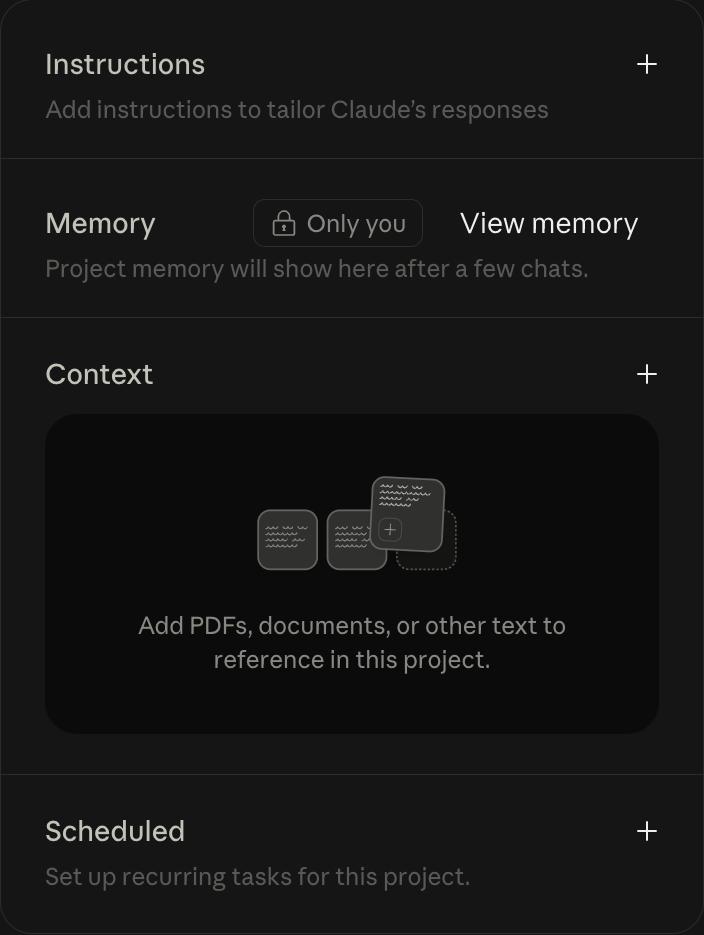 The project page: Instructions and Context on the right, each with a plus.